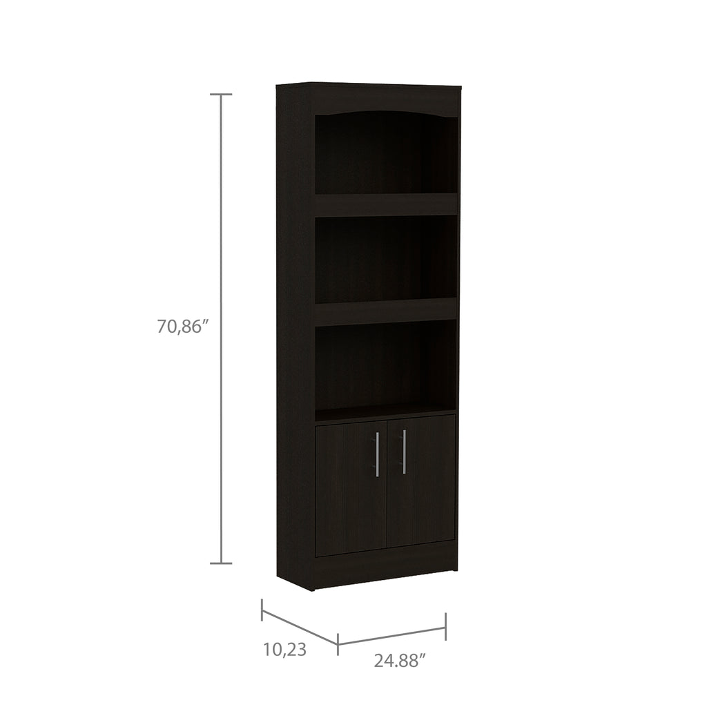 Bookcase, Three Shelves, Double Door Cabinet, Metal Hardware, Black - Grand Goldman