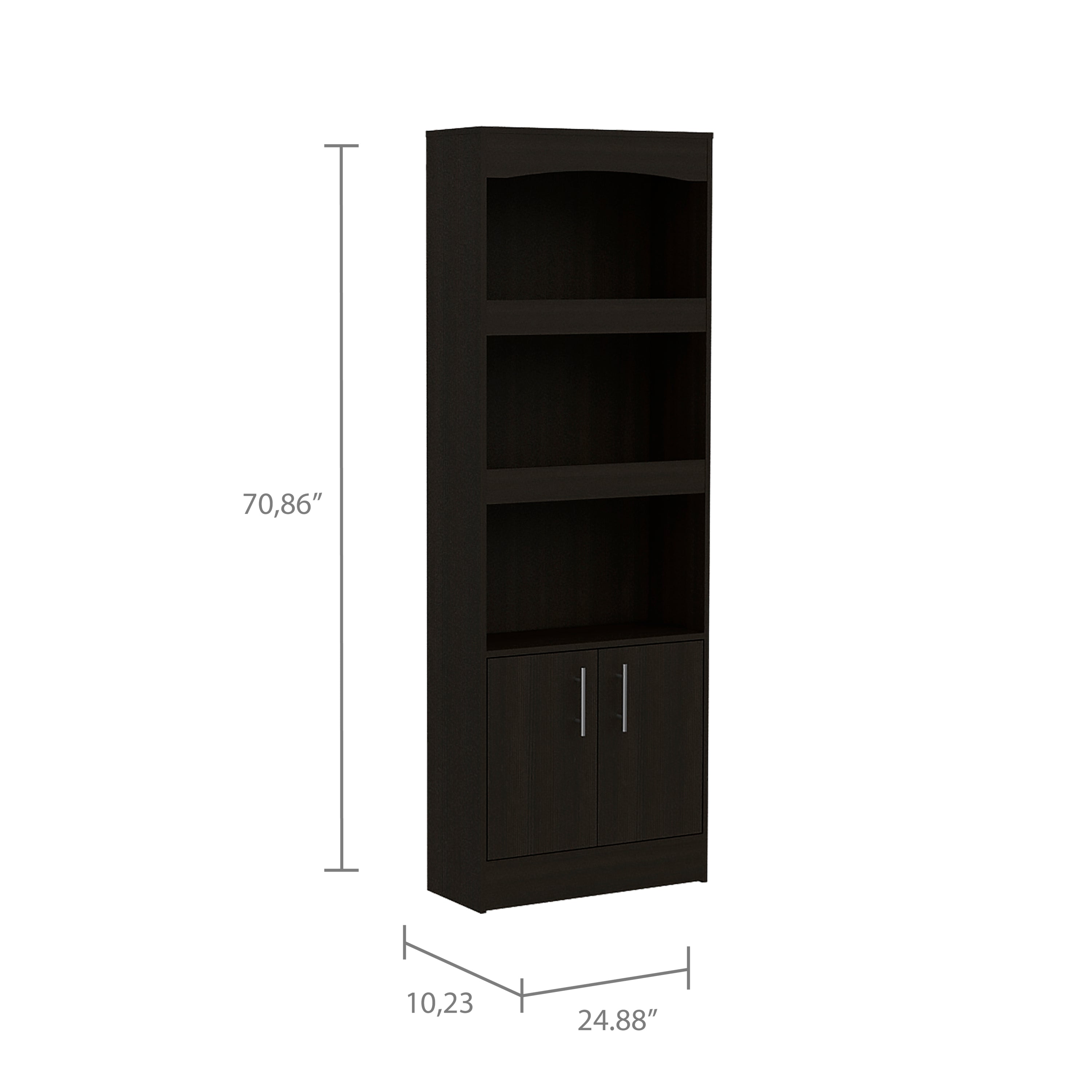 Bookcase, Three Shelves, Double Door Cabinet, Metal Hardware, Black - Grand Goldman