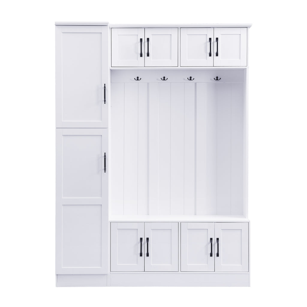 VIBE HAUS 79'' Tall Modern Hall Tree with Shoe Storage, 4-in-1 Entryway Bench with 6 Cabinets, 4 Coat Hooks & Adjustable Shelf for Hallway, living room, White - Grand Goldman Shop