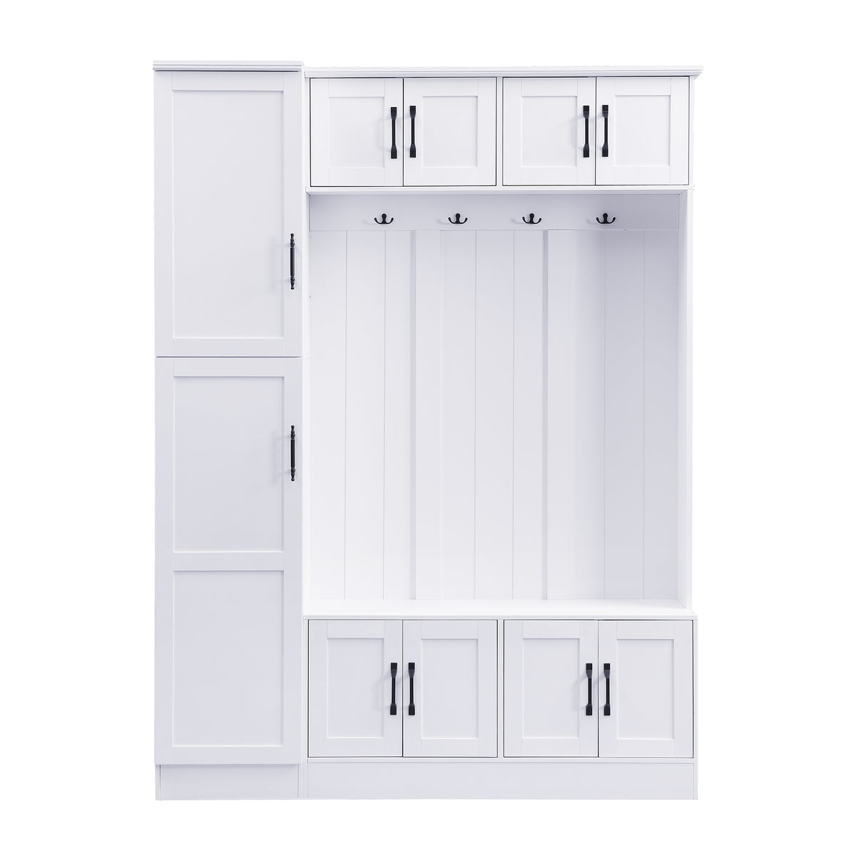 VIBE HAUS 79'' Tall Modern Hall Tree with Shoe Storage, 4-in-1 Entryway Bench with 6 Cabinets, 4 Coat Hooks & Adjustable Shelf for Hallway, living room, White - Grand Goldman Shop