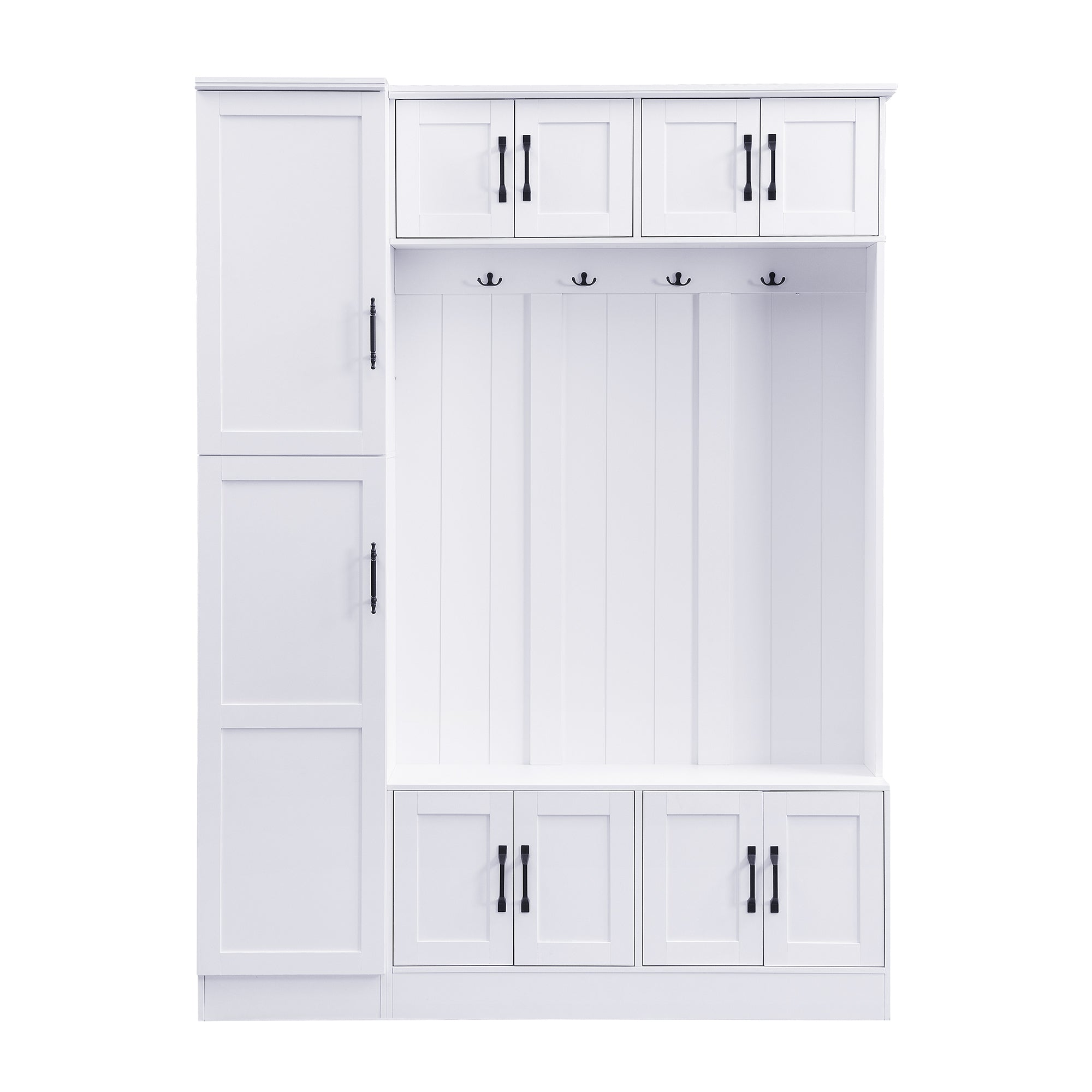 VIBE HAUS 79'' Tall Modern Hall Tree with Shoe Storage, 4-in-1 Entryway Bench with 6 Cabinets, 4 Coat Hooks & Adjustable Shelf for Hallway, living room, White - Grand Goldman Shop