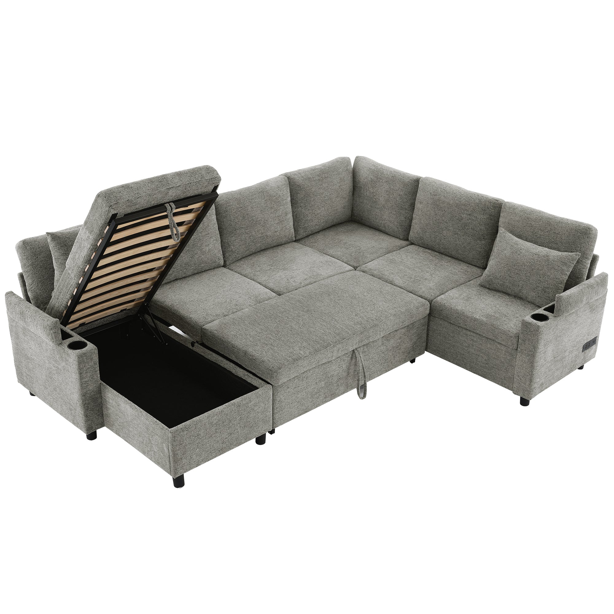 Versatile Light Grey Chenille Sectional Sofa Bed with Storage, Cup Holders & Charging Ports, 109.9' - Grand Goldman Shop