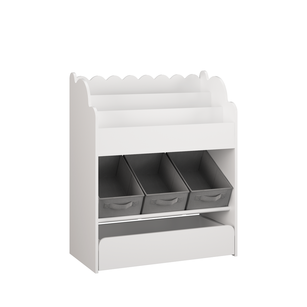 Kids Bookshelf with Storage Bins and Drawer, Multi-Functional Wooden Book Organizer for Toddlers, White Bookcase for Toys, Bo