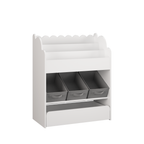 Kids Bookshelf with Storage Bins and Drawer, Multi-Functional Wooden Book Organizer for Toddlers, White Bookcase for Toys, Bo