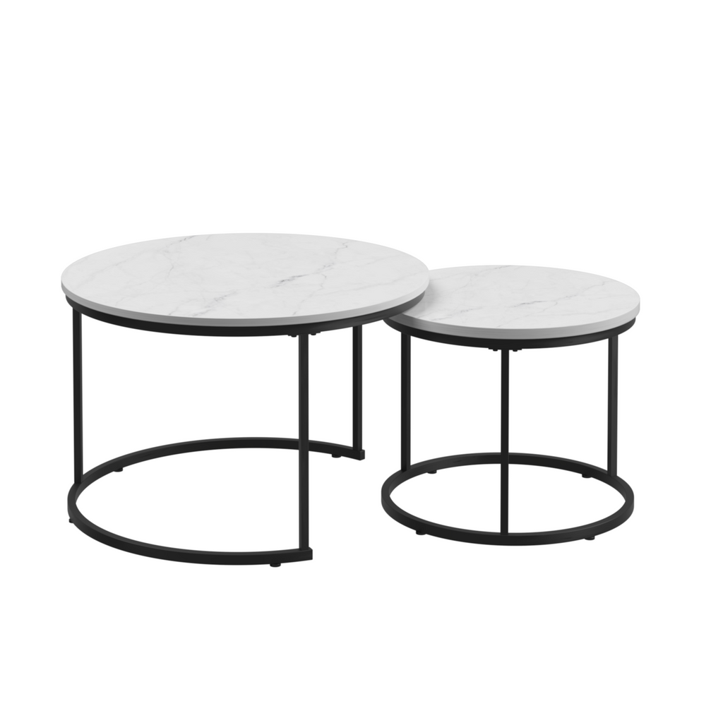 Nesting Coffee Table Set of 2, 27.6inch Round Wood Marble Pattern Top with Sturdy Metal Frame, White Living Room End Tables for Bedroom Balcony Yard - Grand Goldman Shop