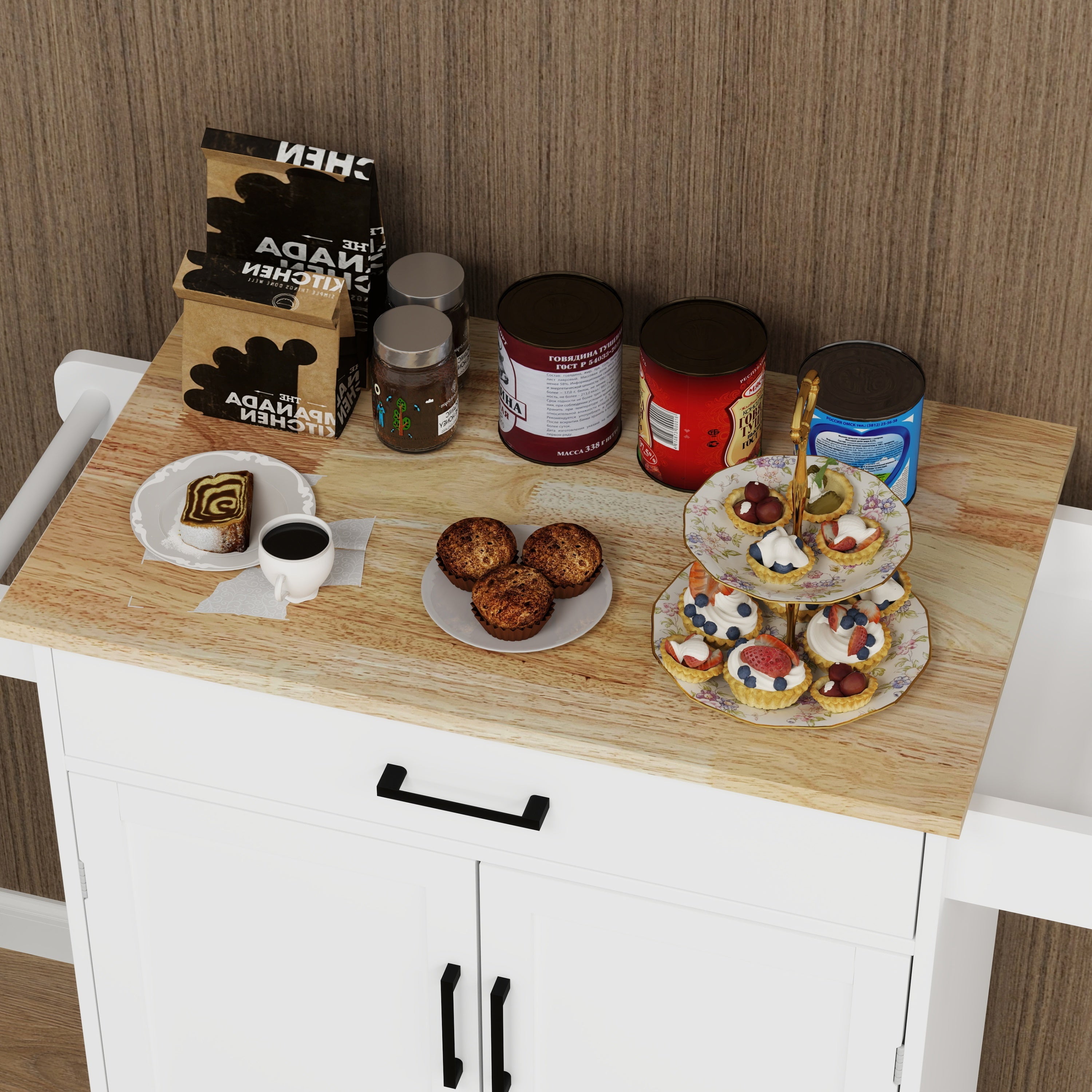 Kitchen island rolling trolley cart with 1 drawer & 2 doors with storage racks & Adjustable Shelves & towel rack & seasoning rack rubber wood table top-White - Grand Goldman Shop