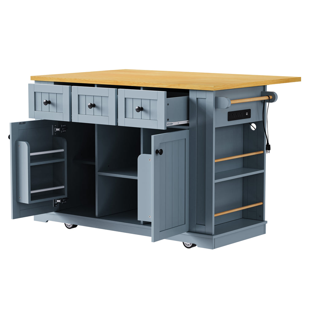 K&K 53inch Large Kitchen Island with 2 Bar Stools,Power Outlet,Door Internal Storage Rack,Kitchen Storage Cart on 5 Wheels with Drop Leaf,5 Open Side Racks,3 Drawers,Grey Blue (Three Packages) - Grand Goldman Shop