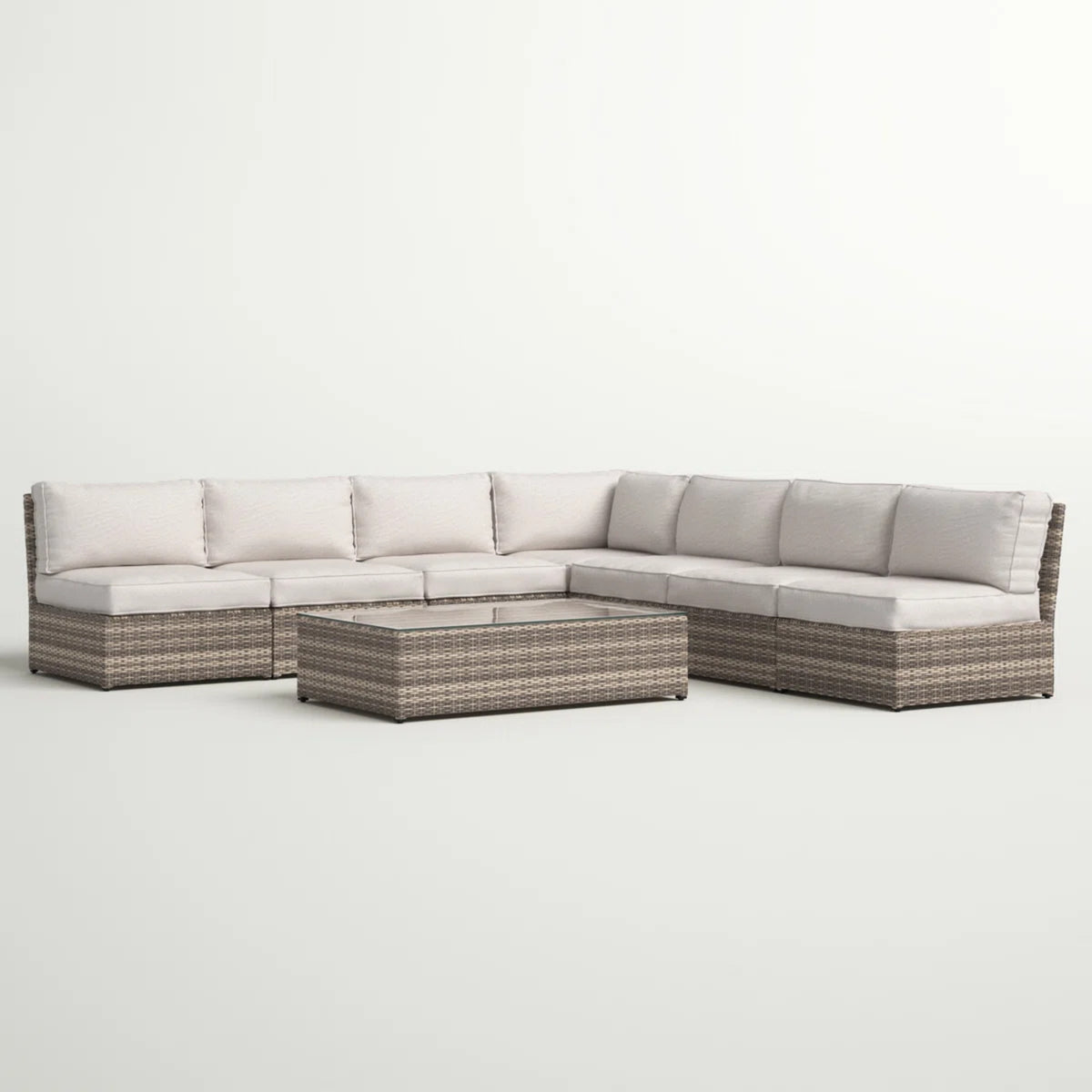 Moderne sechsteilige Loungemöbel-Garnitur für die Terrasse aus gemischtem Grau-Rattan, vollständig montiert, mit Olefin-Kissen
