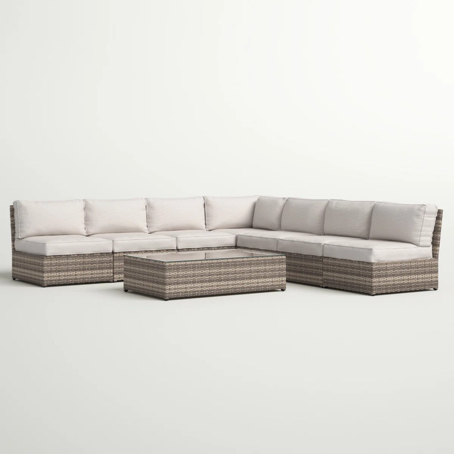 Moderne sechsteilige Loungemöbel-Garnitur für die Terrasse aus gemischtem Grau-Rattan, vollständig montiert, mit Olefin-Kissen