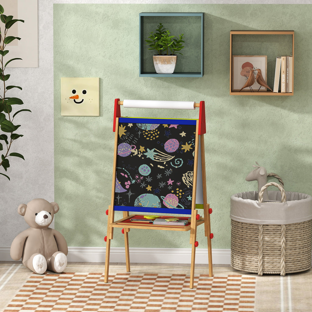 Qaba Easel for Kids, 3 in 1 Kids Art Easel with Paper Roll, Whiteboard, Chalkboard, Double Sided & Adjustable Height Wooden T