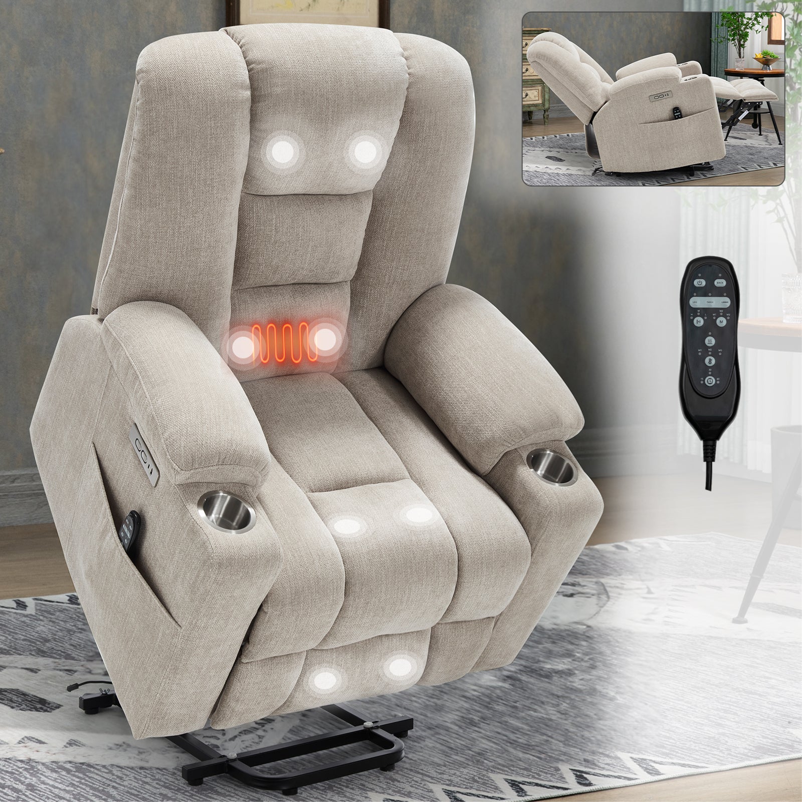 Power Lift Recliner Chair with Massage and Heat for Elderly, Overstuffed Wide Recliners, Heavy Duty Motion Mechanism with USB and Type C Ports, 2 Steel Cup Holders, Beige - Grand Goldman Shop