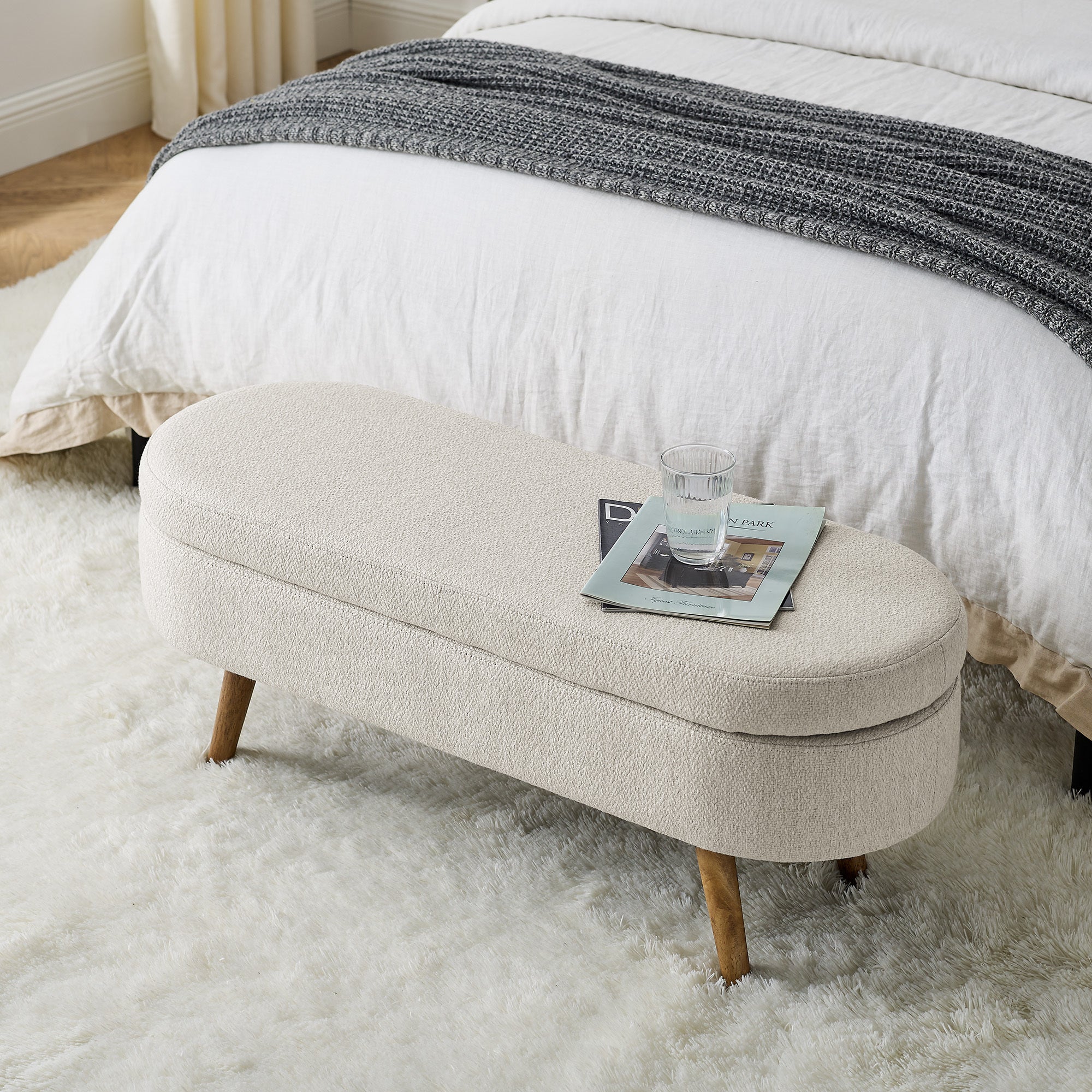 Ottoman Oval Storage Bench,Rubber Wood Legs, Beige(43.5'x16'x16') - Grand Goldman Shop