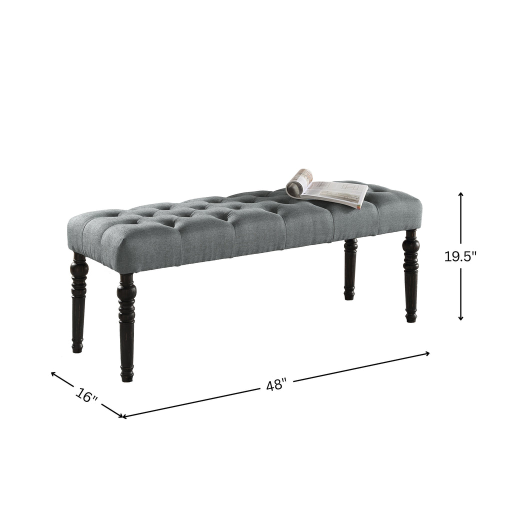 Leviton Fabric Tufted Turned Leg  Dining Bench, Gray - Grand Goldman Shop