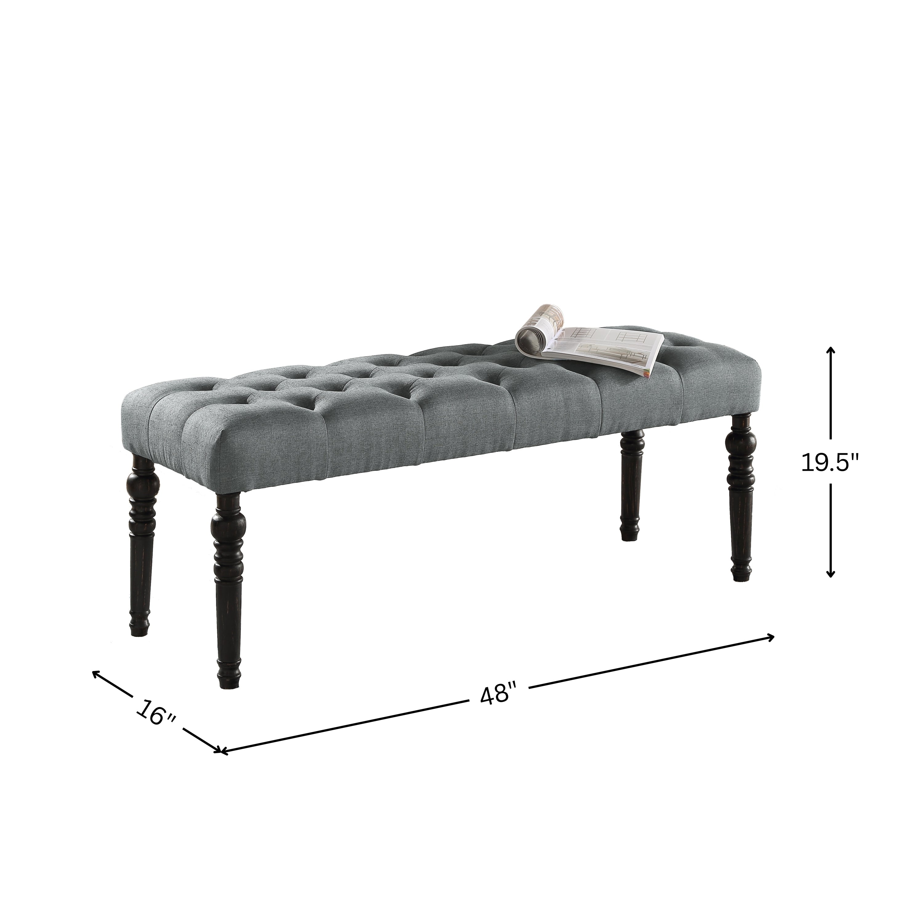 Leviton Fabric Tufted Turned Leg  Dining Bench, Gray - Grand Goldman Shop