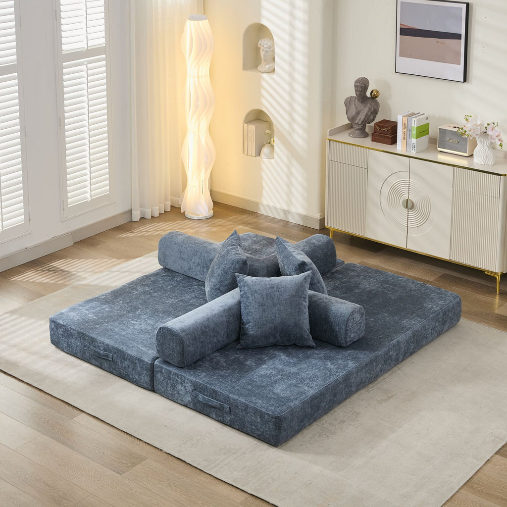 Comfy Convertible Folding Mattress Couch, Floor Sofa Bed, Chenille Floor Sofa with Armrest, Floor Sofa Lounge Couch for Living Room Bedroom Lounge Studio-Blue - Grand Goldman Shop