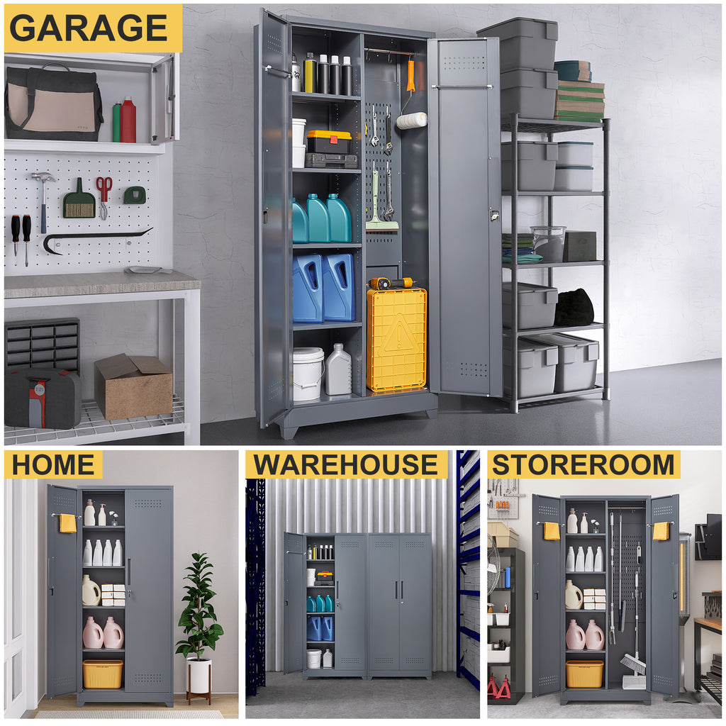 Gray And White Color Metal Lockers, Cleaning Tool Cabinets With Locking Doors, High Broom Tool Storage Cabinets, Adjustable S