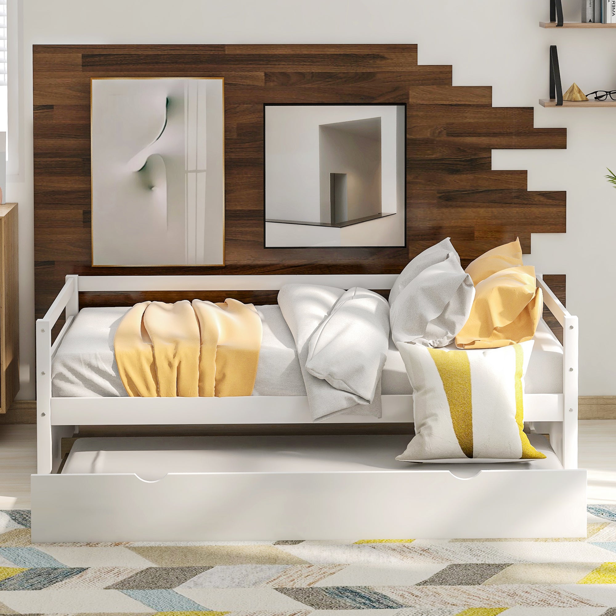 White Twin Daybed with Trundle Frame Set, Pine Wood and MDF, 76''L x 41.7''W x 25.9''H - Grand Goldman Shop