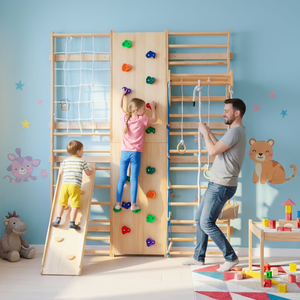 All-in-One 10-in-1 Indoor Climbing Set - Featuring a Rock Climbing Wall, Wooden Swings, Gymnastic Rings, Rope Ladders, and St