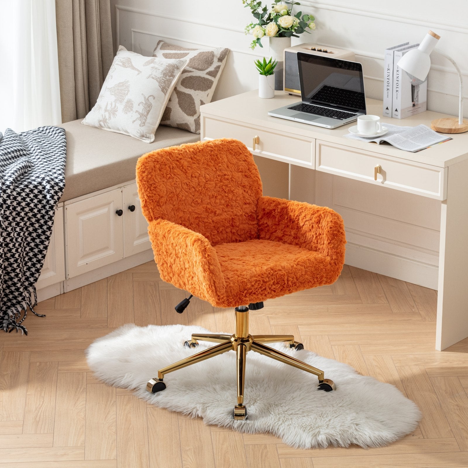 A&A Furniture Office Chair, Artificial Rabbit Hair with Golden Metal Base, Adjustable Swivel Desk Chair, Orange - Shop Qualit