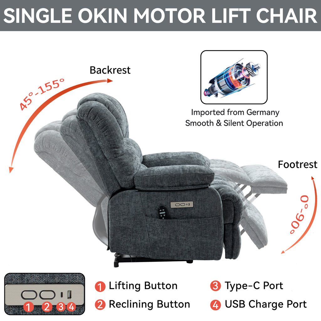 23' Seat Width and High Back Large Size Blue Grey Chenille Power Lift Recliner Chair with 8-Point Vibration Massage and Lumbar Heating - Grand Goldman Shop