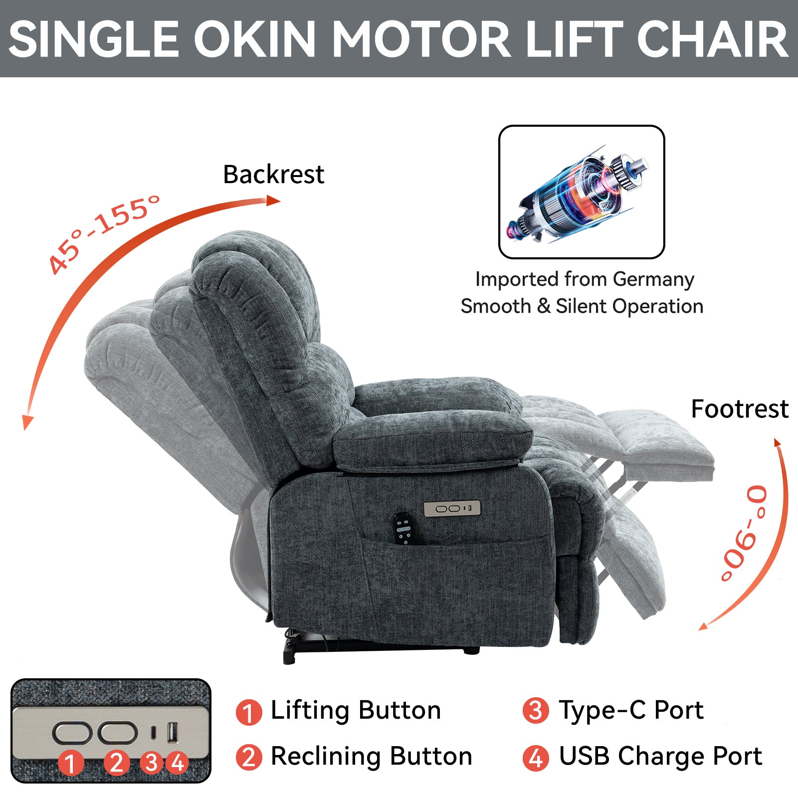 23' Seat Width and High Back Large Size Blue Grey Chenille Power Lift Recliner Chair with 8-Point Vibration Massage and Lumbar Heating - Grand Goldman Shop