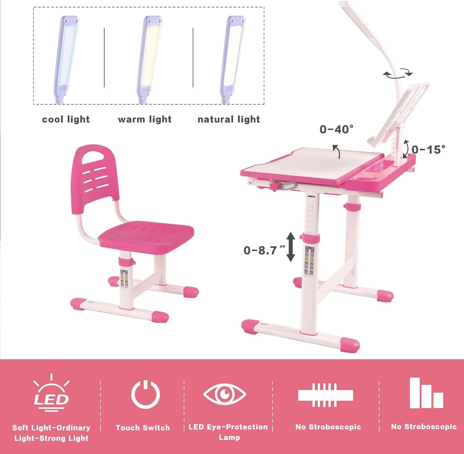 Desk for Kids Desk and Chair Set Kids Art Desk Drafting Table Desk Set with Adjustable Height, 40-Degree Tiltable Children De