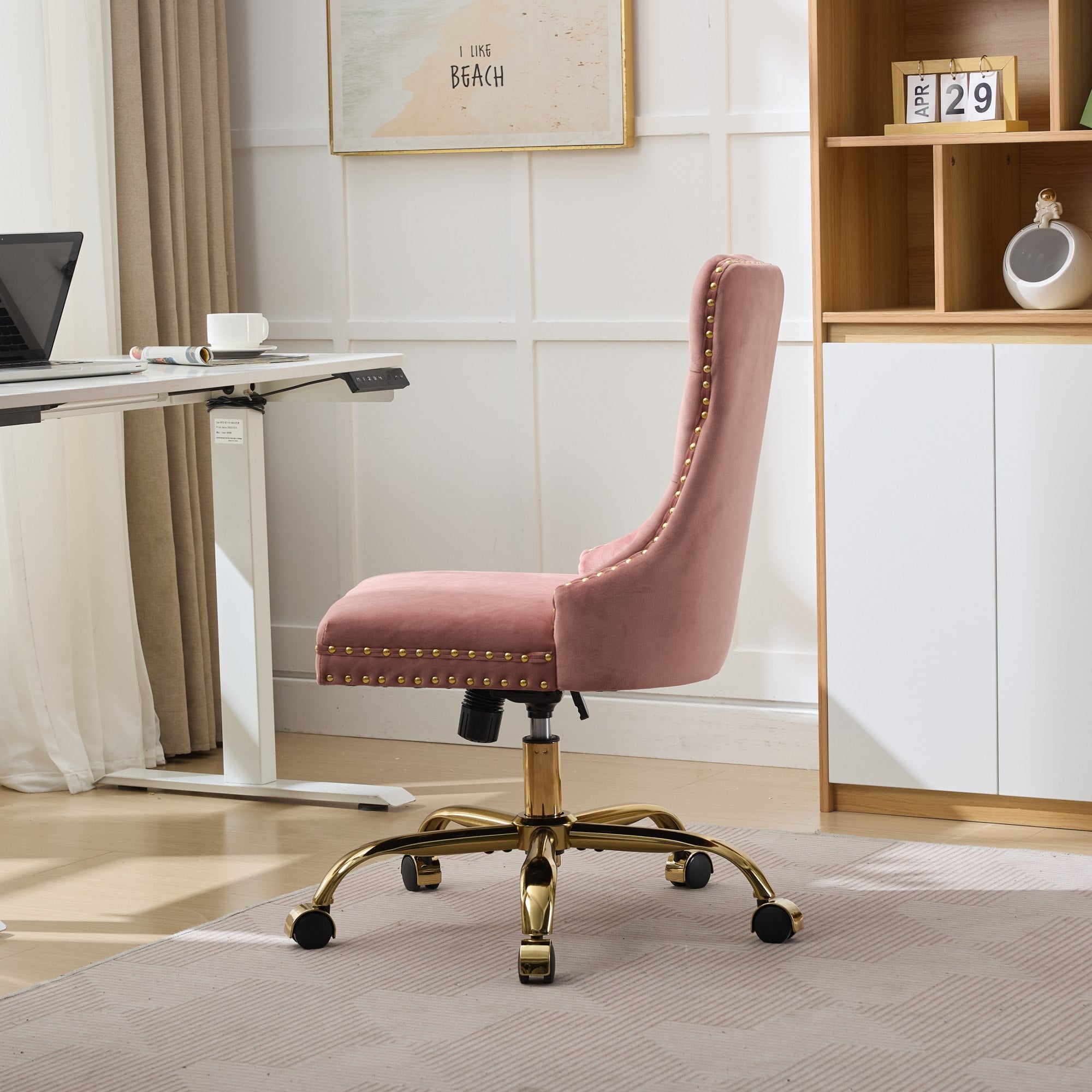 A&A Furniture Office Chair,Modern Velvet Upholstered Tufted Button Home Office Chair with Golden Metal Base,Adjustable Desk C