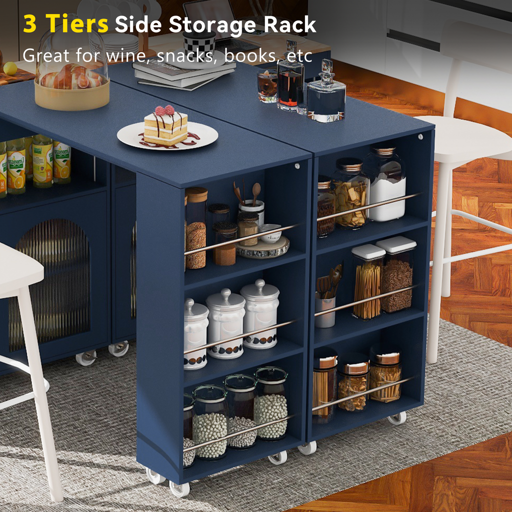 K&K Rolling Kitchen Island With Extended Table, Kitchen Island on Wheels with LED Lights,Power Outlets and 2 Fluted Glass Doors, Kitchen Island with a Storage Compartment and Side 3 Open Shelves, Navy - Grand Goldman Shop