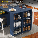 K&K Rolling Kitchen Island With Extended Table, Kitchen Island on Wheels with LED Lights,Power Outlets and 2 Fluted Glass Doors, Kitchen Island with a Storage Compartment and Side 3 Open Shelves, Navy - Grand Goldman Shop