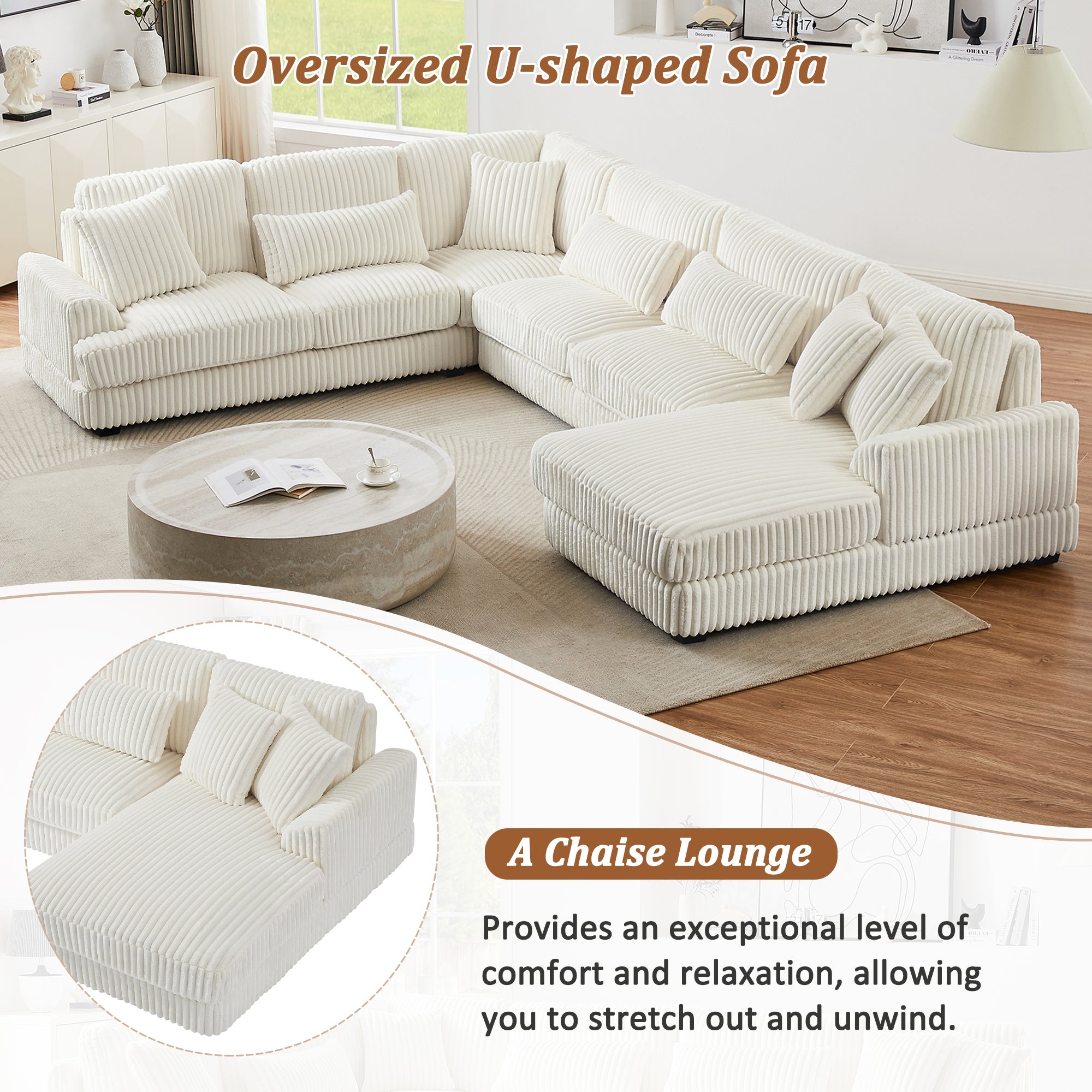 Modern Oversized U-shaped Sectional Sofa with Chaise Lounge in Beige Corduroy, 129' - Grand Goldman Shop