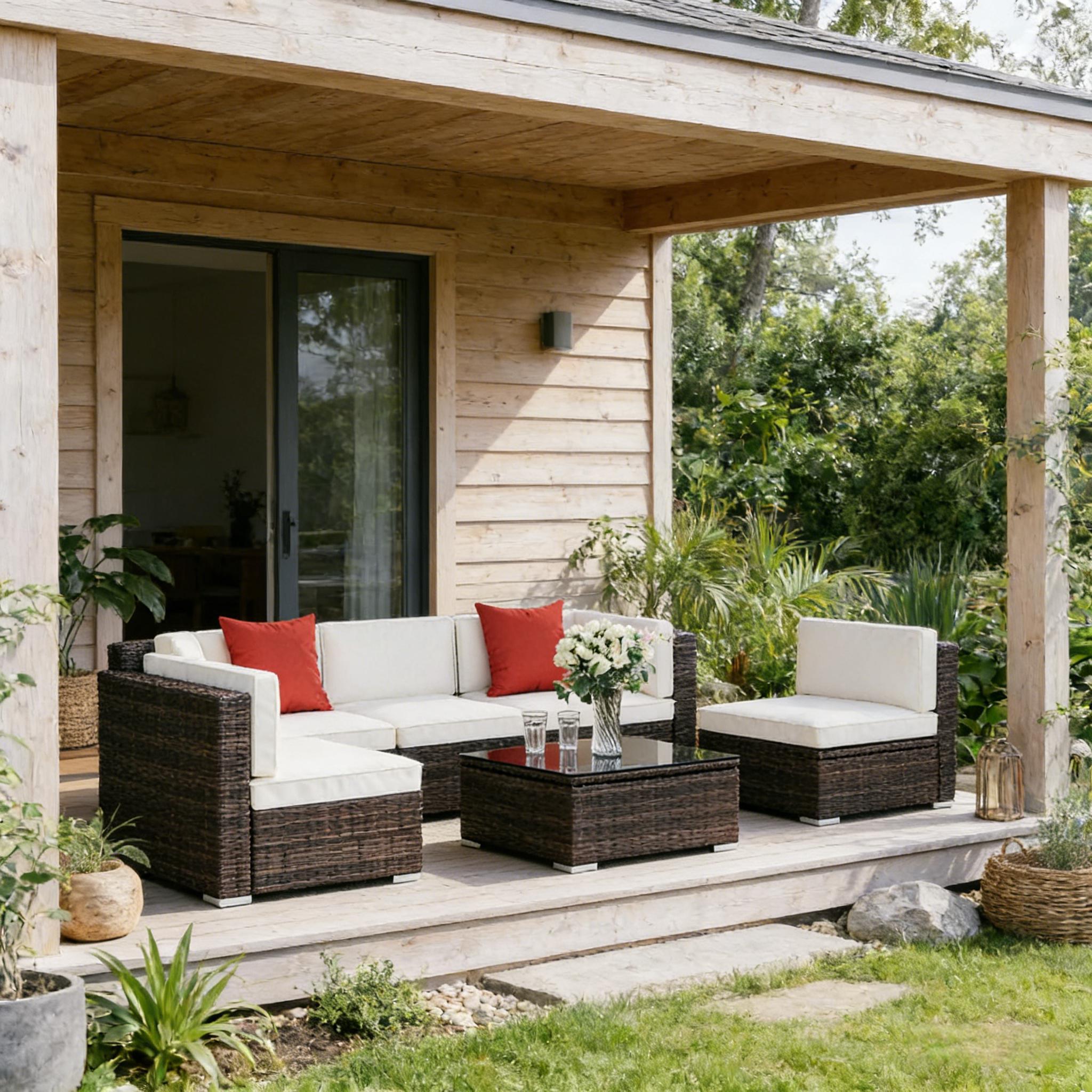 Moderne Outdoor-Sitzgruppen, 6-teiliges Terrassenmöbel-Set, Outdoor-Ecksofa-Set