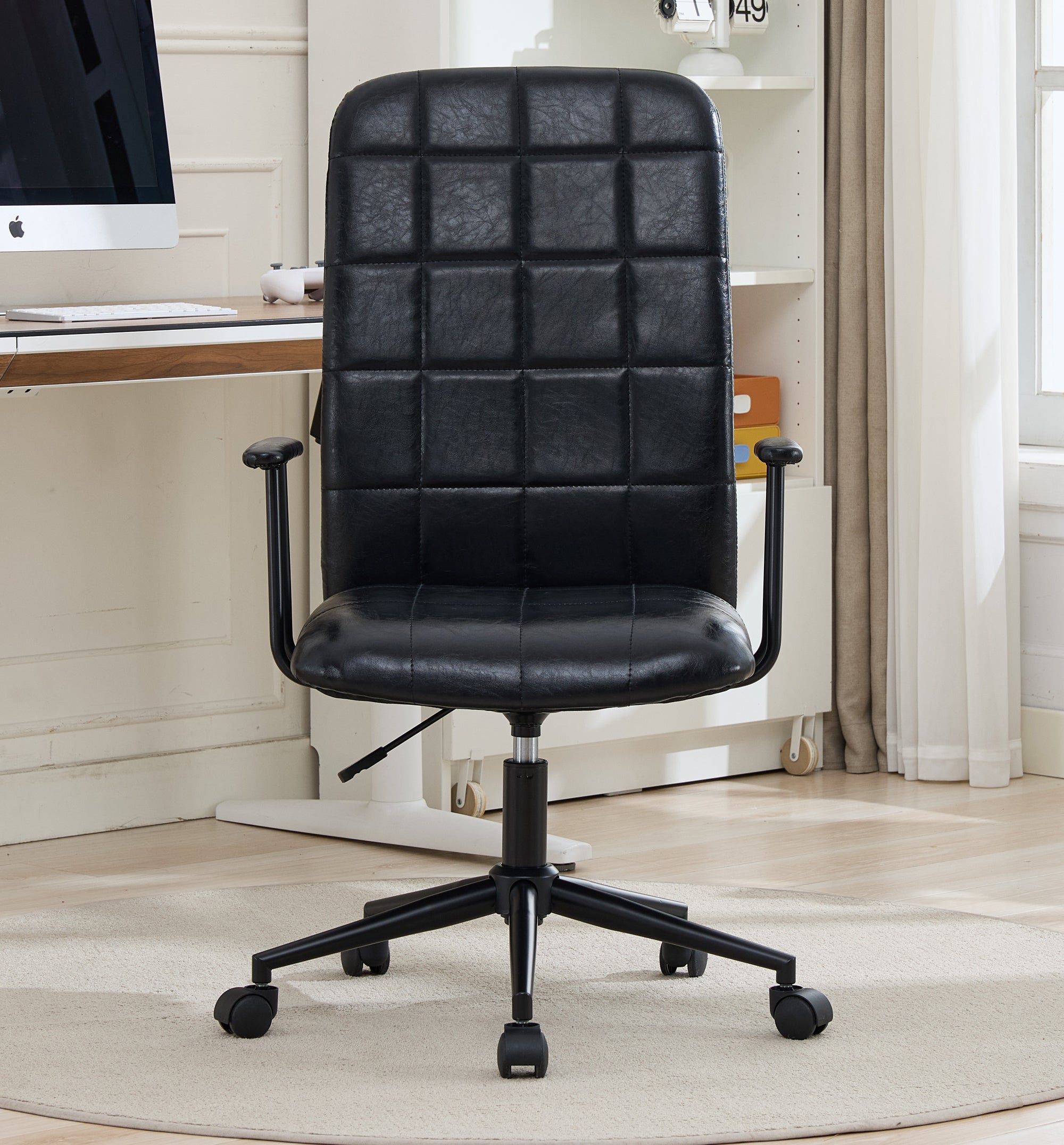 Antique black PU leather color office chair, with armrest, high backrest, soft foam seating, 360 degree swivel , up and down 