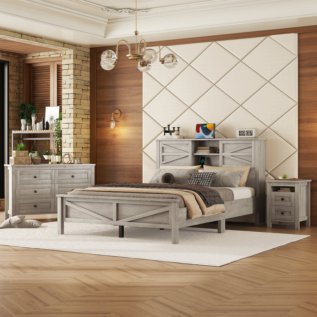 3-Pieces Bedroom Sets Queen Size Farmhouse Platform Bed with Double Sliding Door Storage Headboard and Charging Station, Storage Nightstand and Dresser, Antique Gray(Old SKU HL000092AAG) - Grand Goldman Shop