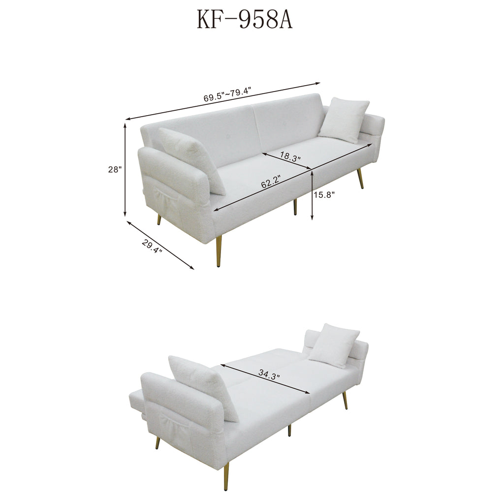 Modern Teddy Upholstered Accent Loveseat Sofa With Side Pocket,Folding Sleeper Sofa Bed With Foldable Armrest , Adjustable Backrest and Golden Metal Legs for Living Room,Grey - Grand Goldman Shop
