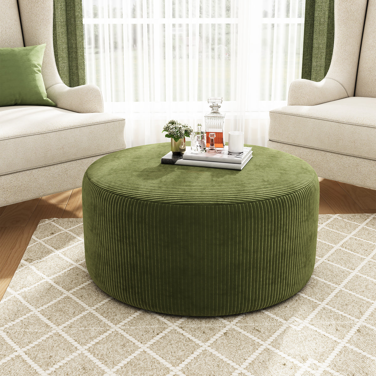 Upholstered Round Ottoman,Olive Green,Corduroy - Grand Goldman Shop