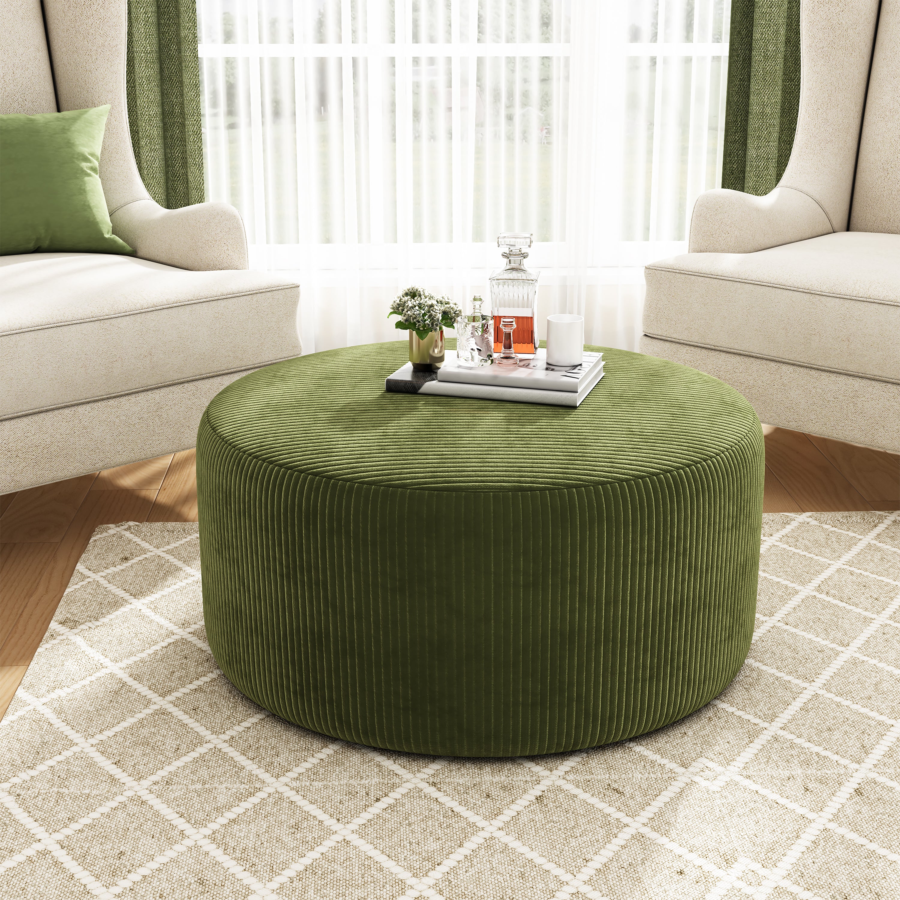 Upholstered Round Ottoman,Olive Green,Corduroy - Grand Goldman Shop