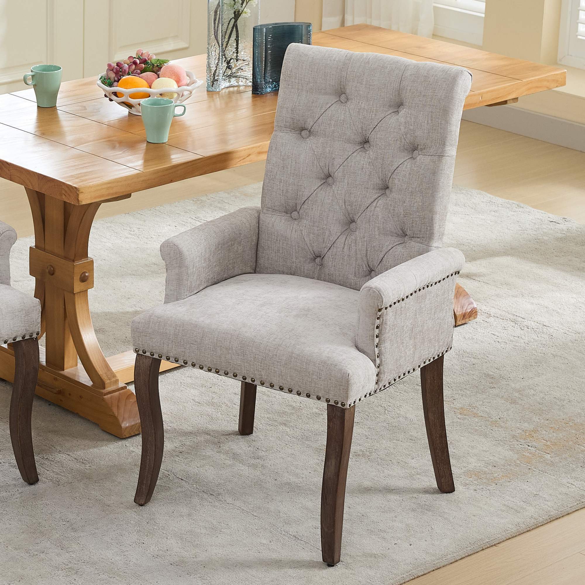 Upholstered Chenille Fabric Accent Dining Chair, Curved Solid Wood Legs, Elegant Tufted Club Dining Room Kitchen Room Arm Dining Chair, Single Pack,Beige,SW1895BG - Grand Goldman Shop