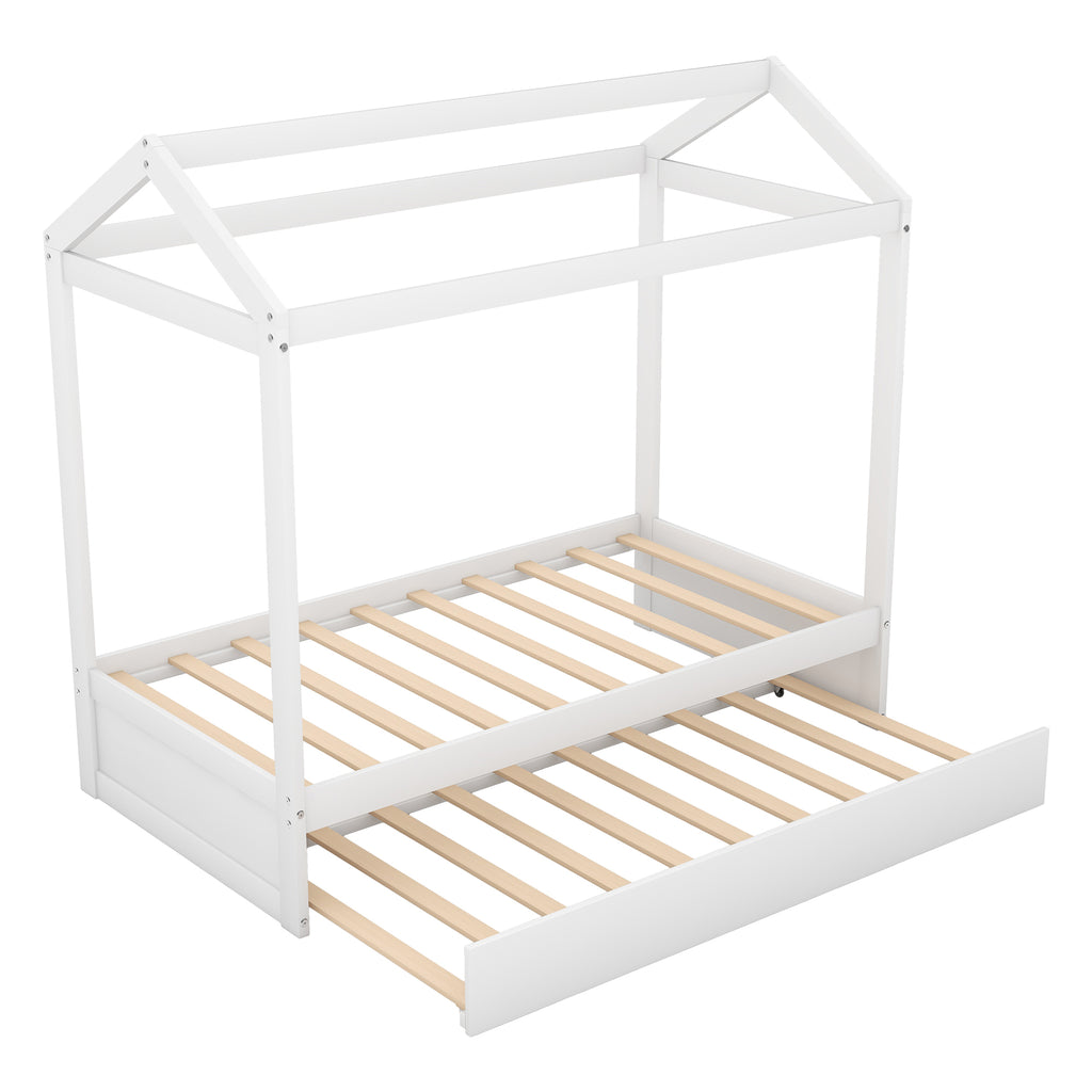 House Bed with Trundle in White, Pine Wood and MDF, Twin Size, Pre-Drilled Holes for Easy Assembly - Grand Goldman Shop