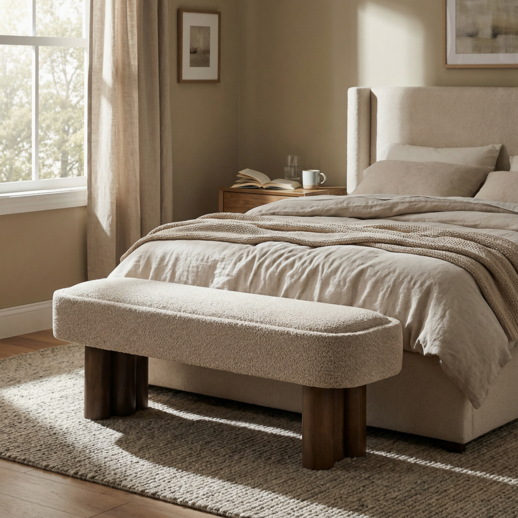 Indoor Khaki Boucle Dining Bench with Walnut Color Legs, 51.57'L Upholstered Seating for Kitchen, Dining Room and Living Space,250lbs Capacity - Grand Goldman Shop