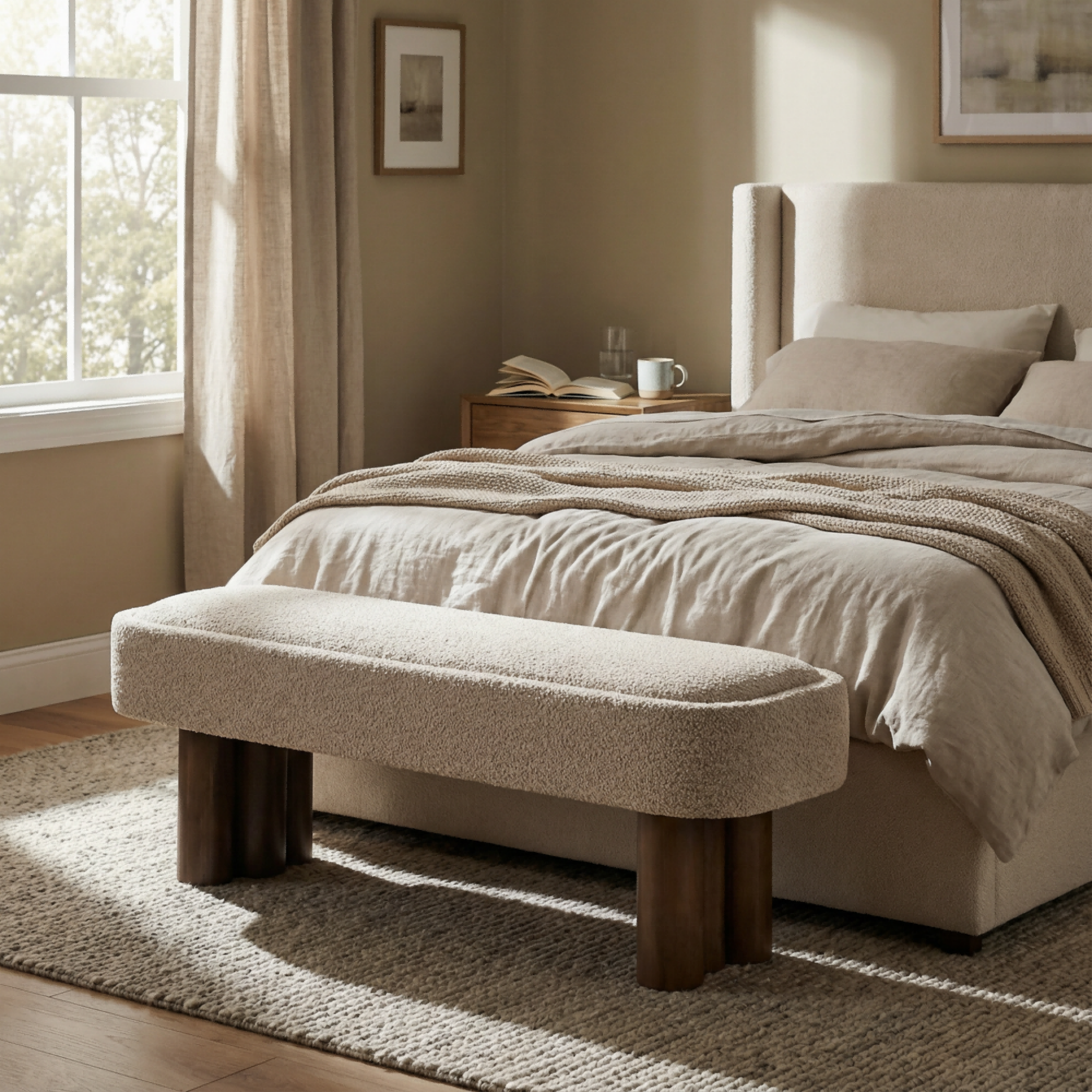 Indoor Khaki Boucle Dining Bench with Walnut Color Legs, 51.57'L Upholstered Seating for Kitchen, Dining Room and Living Space,250lbs Capacity - Grand Goldman Shop