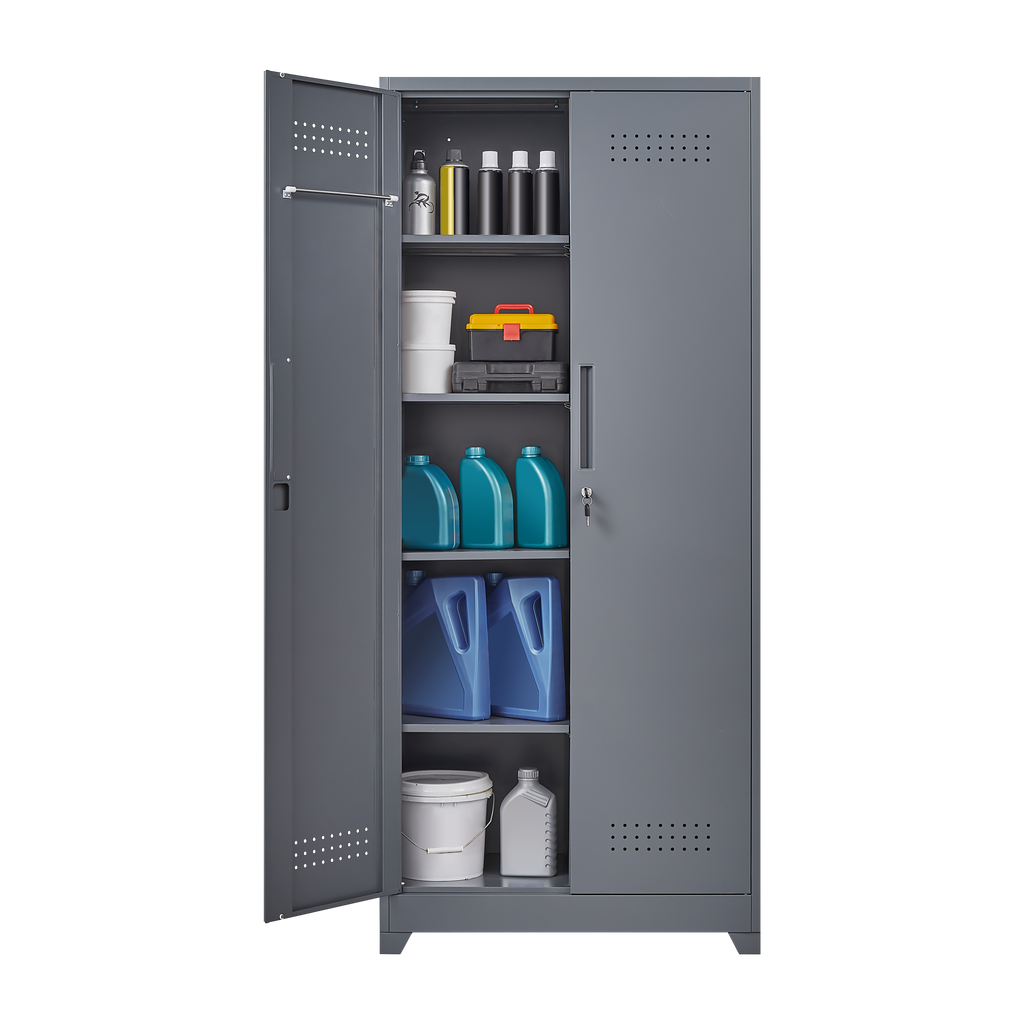 Gray And White Color Metal Lockers, Cleaning Tool Cabinets With Locking Doors, High Broom Tool Storage Cabinets, Adjustable S