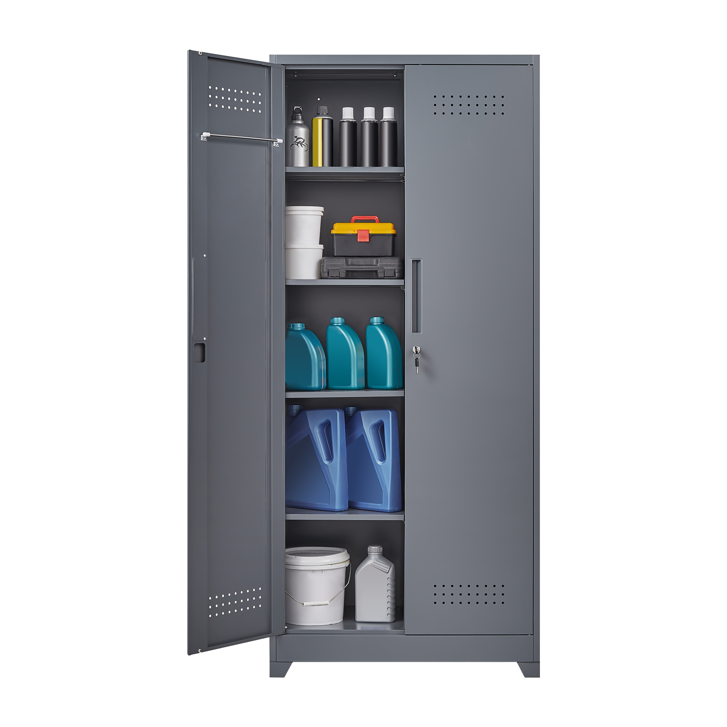 Gray And White Color Metal Lockers, Cleaning Tool Cabinets With Locking Doors, High Broom Tool Storage Cabinets, Adjustable S