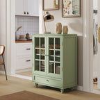 Minimalism Buffet Cabinet with Double Glass Doors and Drawer, Modern Wooden Storage Sideboard Cupboard, Mint Green, MDF and Solid Wood, 28''x15''x36.22'' - Grand Goldman Shop