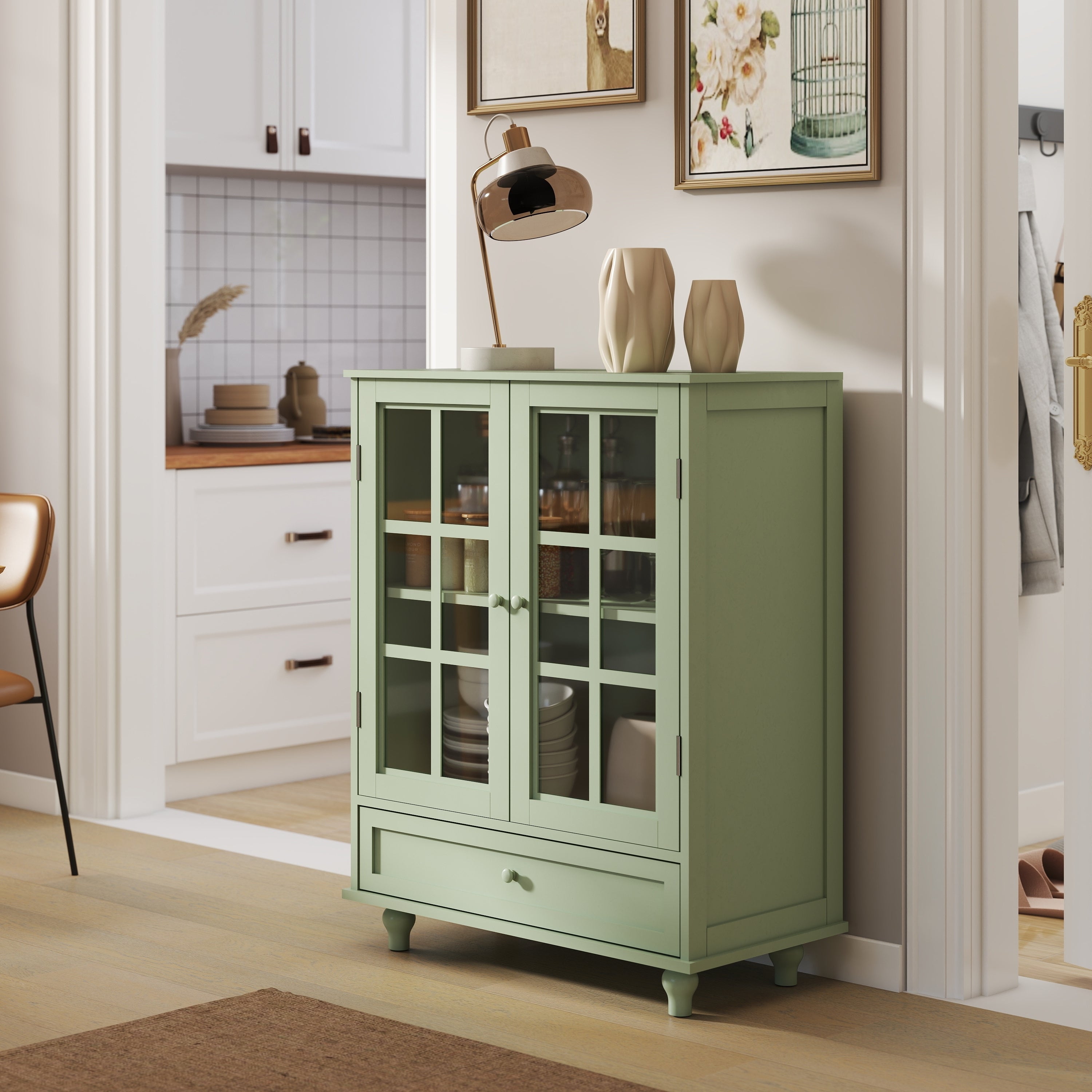 Minimalism Buffet Cabinet with Double Glass Doors and Drawer, Modern Wooden Storage Sideboard Cupboard, Mint Green, MDF and Solid Wood, 28''x15''x36.22'' - Grand Goldman Shop