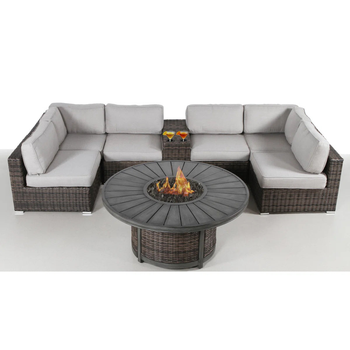 Allwetter-Gartensofa-Set für 4 Personen mit Feuerstelle und Beistelltisch – rostfreier Aluminiumrahmen – Espresso HDPE-Geflecht