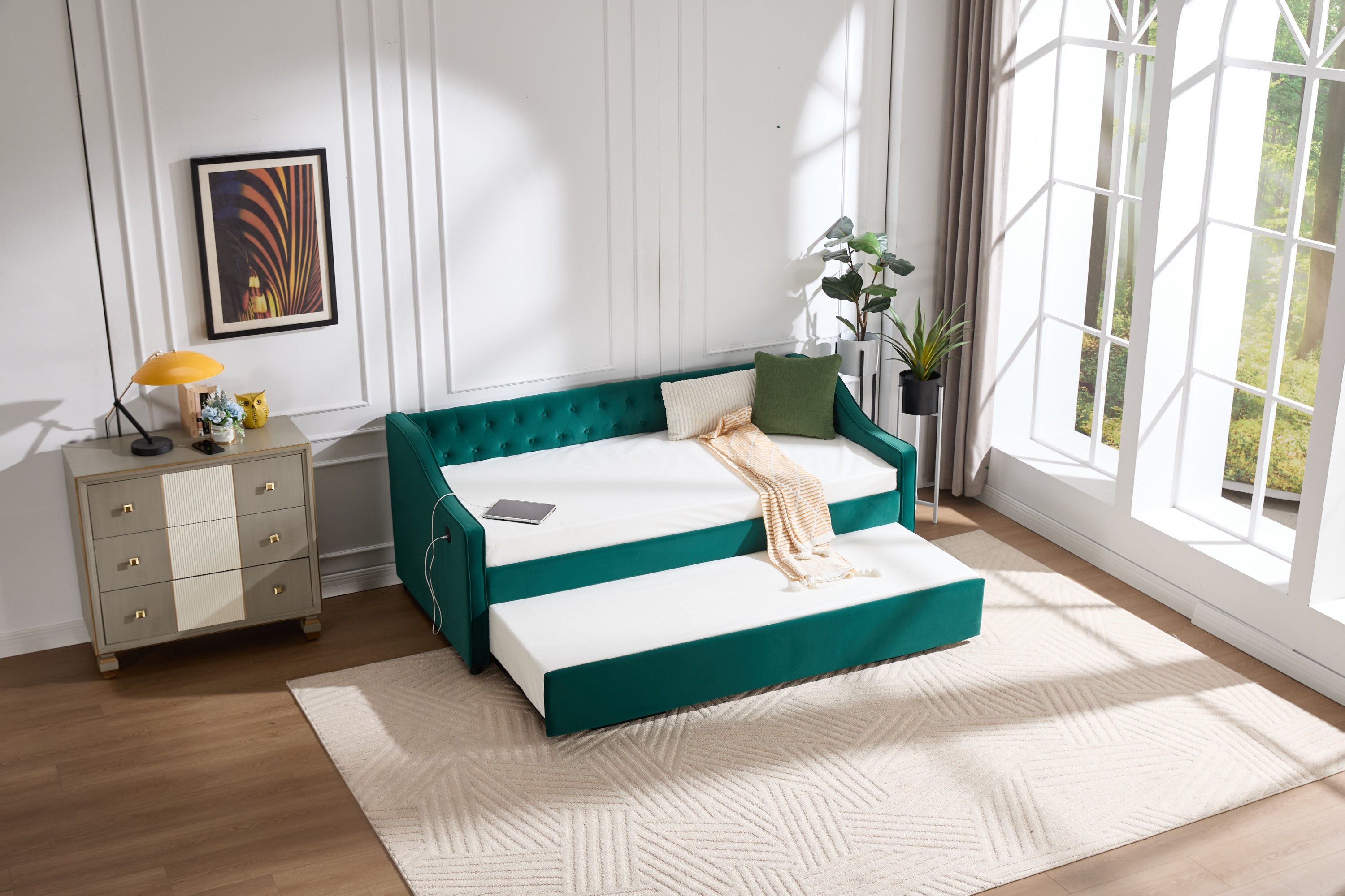 Twin Size Upholstered Daybed with Trundle,USB Port ,Side Pockets,Velvet Daybed with Button on Back and Piping on Waved Shape Arms for Bedroom Guest Room - Grand Goldman Shop