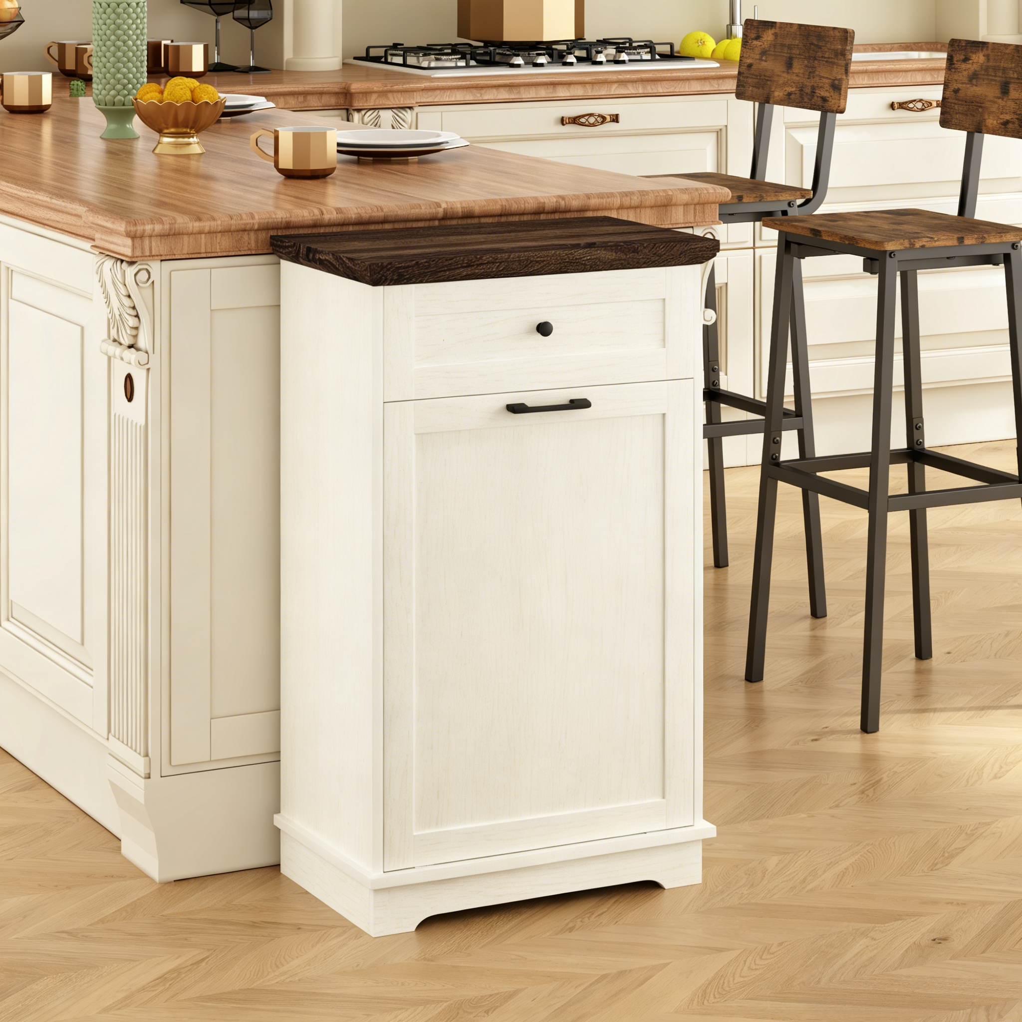 10 Gallon Tilt Out Trash Cabinet Freestanding Trash Bin Cabinet Wood Garbage Recycling Cabinet with Drawer Pet Proof Trash Can Holder for Kitchen Living Room, Antique White (Not include trash can) - Grand Goldman Shop