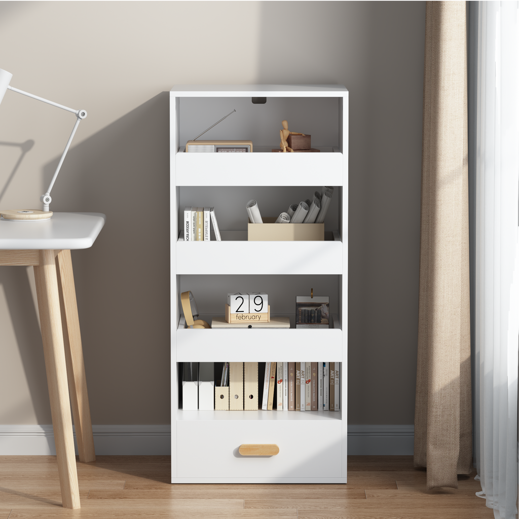 4-Tier Freestanding Bookshelf with 3 Sliding Drawers and 1 Bottom Drawer in White, Engineered Wood - Shop Quality Furniture a