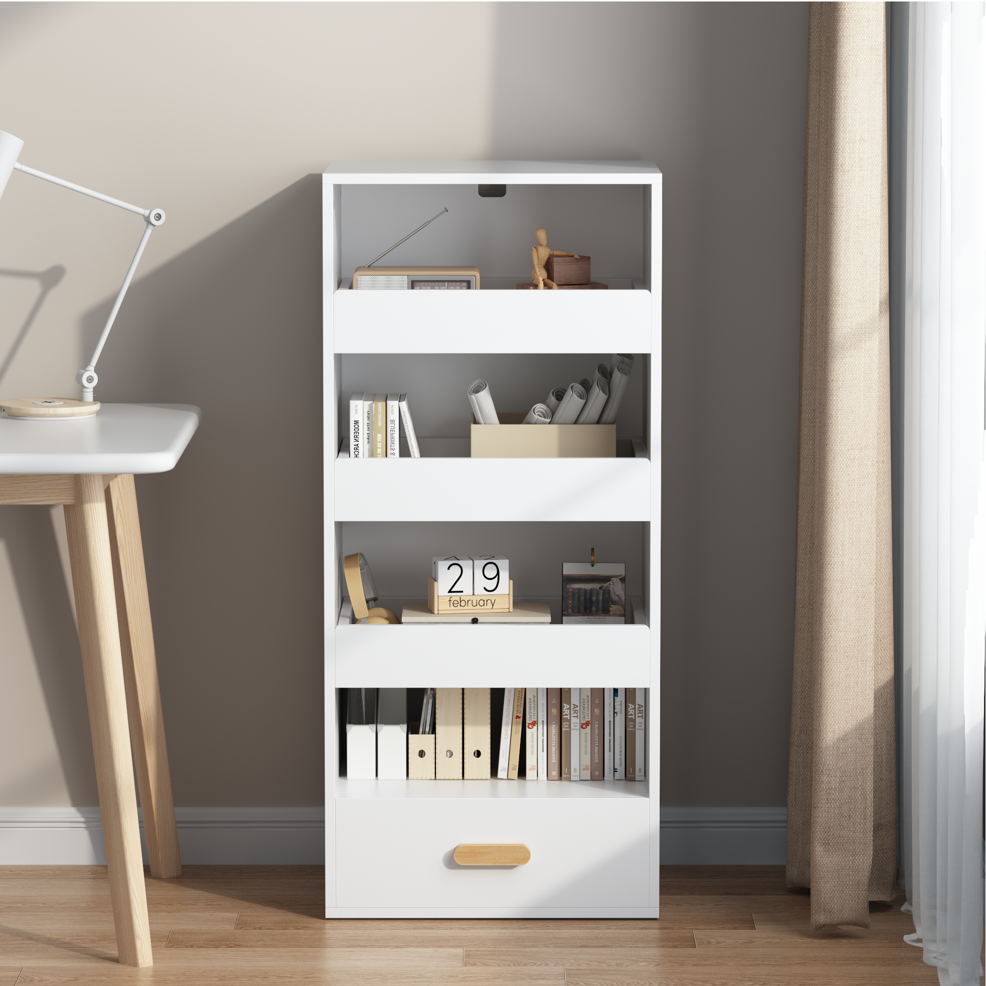 4-Tier Freestanding Bookshelf with 3 Sliding Drawers and 1 Bottom Drawer in White, Engineered Wood - Shop Quality Furniture a