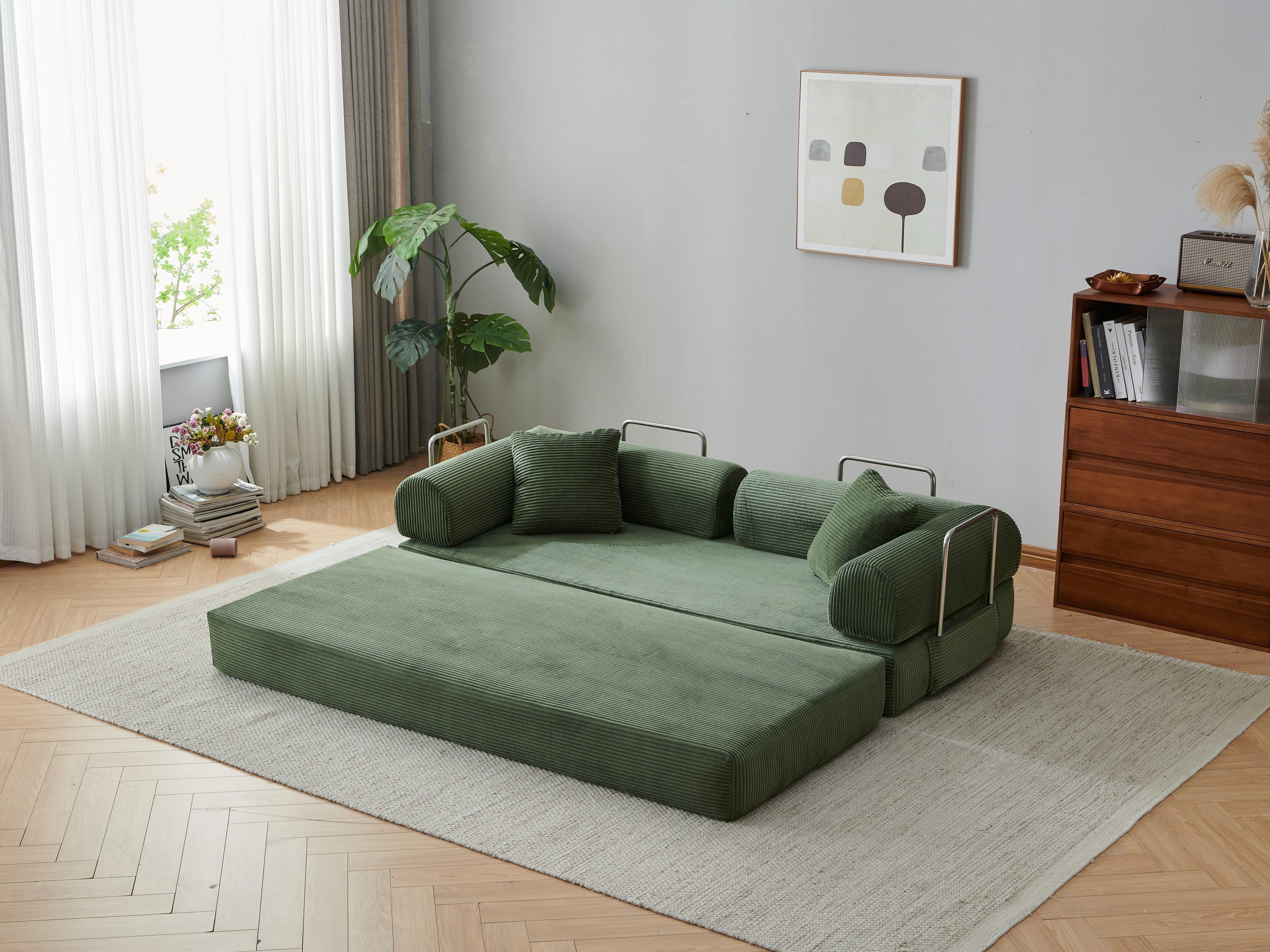 78.8' Compression Sofa,Convertible Floor Sofa Bed-with Pillow Back Support Armrest,Comfy Futon Couch Sleeper Bed,Loveseats Boneless Modular Sectional Sofa,Corduroy fabric,for Living Room,Bedroom,Green - Grand Goldman Shop